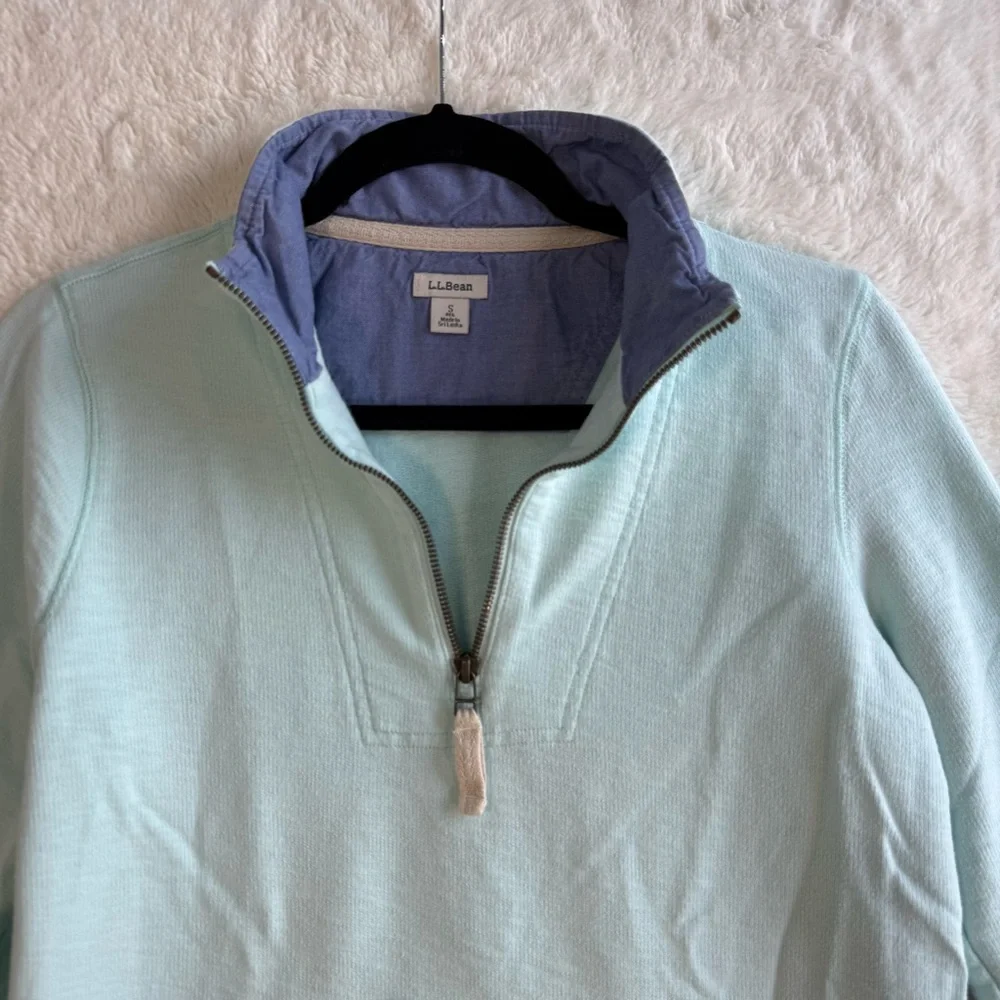 LL Bean Organic Cotton Quarter Zip Sweatshirt Women's Small Blue Nautical Travel - Picture 2 of 8